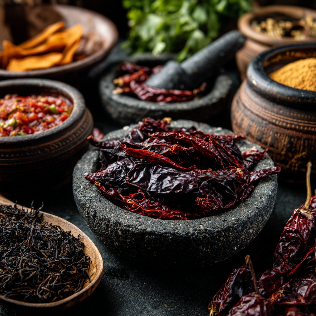 Dried chiles and spices for salsa macha